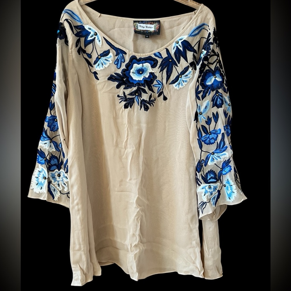 Beige Embroidered Floral Tunic Top with Blue Accents